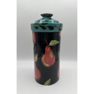 Droll Designs Hand Painted Pear Fruit Art Pottery Large 12” Lidded Canister
